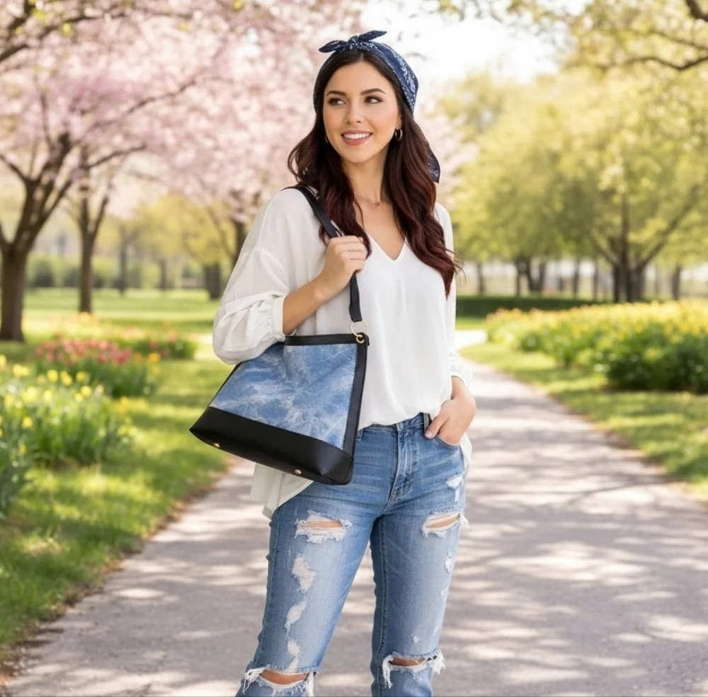 Denim Wash Vegan Leather Hobo Shoulder Bag Blue Black Modern Boho Tote 13in